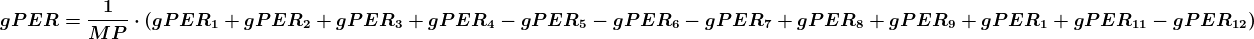 \boldsymbol{gPER=\frac{1}{MP}\cdot (gPER_{1}+gPER_{2}+gPER_{3}+gPER_{4}-gPER_{5}-gPER_{6}-gPER_{7}+gPER_{8}+gPER_{9}+gPER_{1}+gPER_{11}-gPER_{12})}